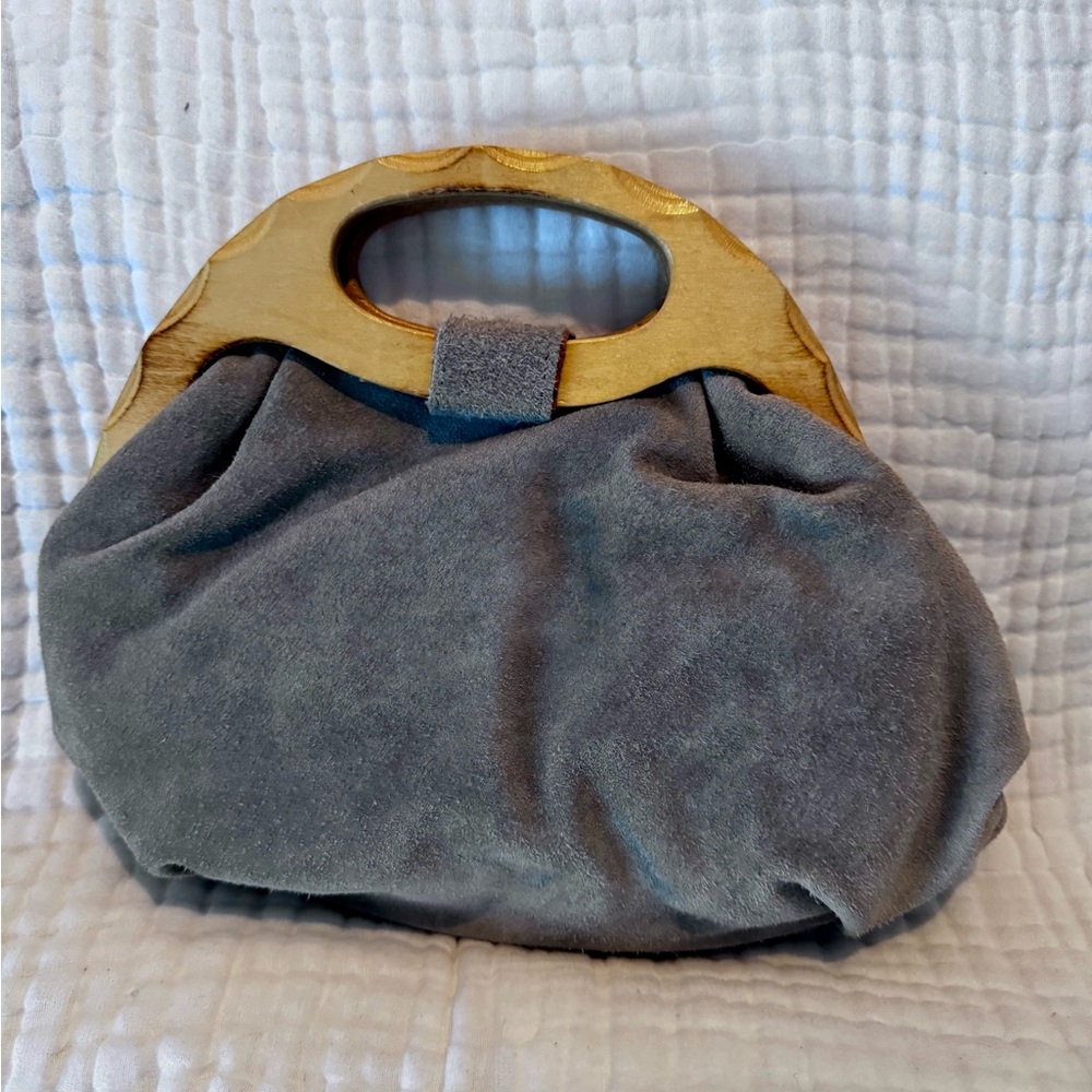 🌿 Vintage Suede Purse with Carved Wooden Handle 🌿 - Picture 2 of 3